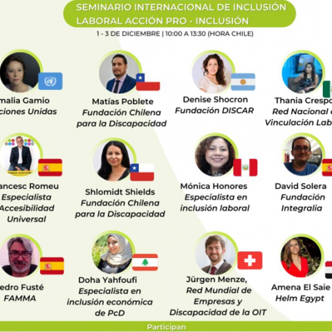 Flyer SEminario internacional de inclusión laboral acción pro-inclusión. Imagen de cada expositor