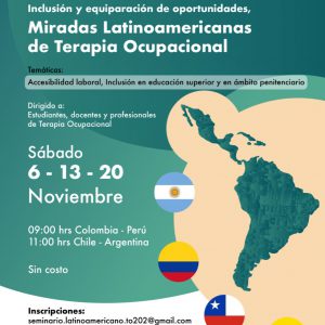 Flyer Seminarios internacionales: miradas latinoamericanas de Terapia ocupacional. fecha y datos de inscripción