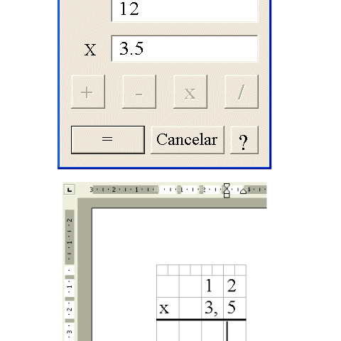 Captura de pantalla con una demostración del programa matemática nacho. Se ve la ventana que se abre en el word en el que se pueden ubicar los números y abajo, el recuadro donde se puede resolver la operación matemática