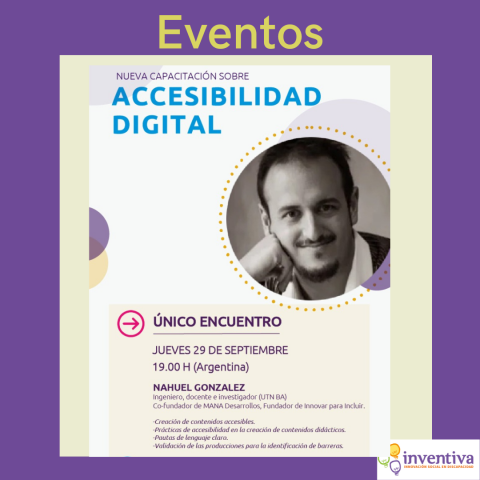 Sobre recuadro violeta, título Eventos. Imagen principal: el flyer de la capacitación con la fotografía del orador, Nahuel González y la información del evento.