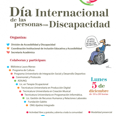 Flyer de la jornada en la UNQ. Día Internacional de las Personas con Discapacidad con información de organizadores y participantes.