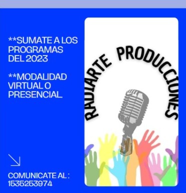 Flyer de la propuesta. A la derecha, unas manos de colores y Radiarte producciones. A la izquierda, la información principal