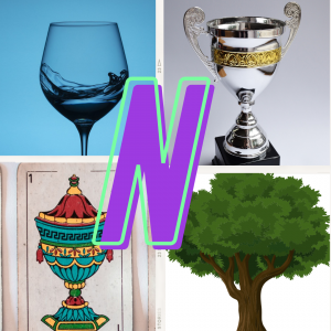 Collage de cuatro fotos: copa de vino, copa de campeonato, copa de naipes españoles y copa de árbol. En el medio una gran letra N