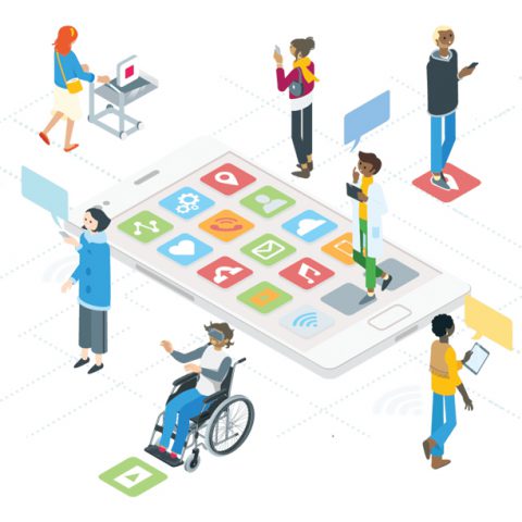 Fondo blanco. En el centro un celular con diversas apps, rodeado de varias personas que diferentes discapacidades. La foto muestra cómo la tecnología ayuda a generar un mundo más inclusivo y accesible.