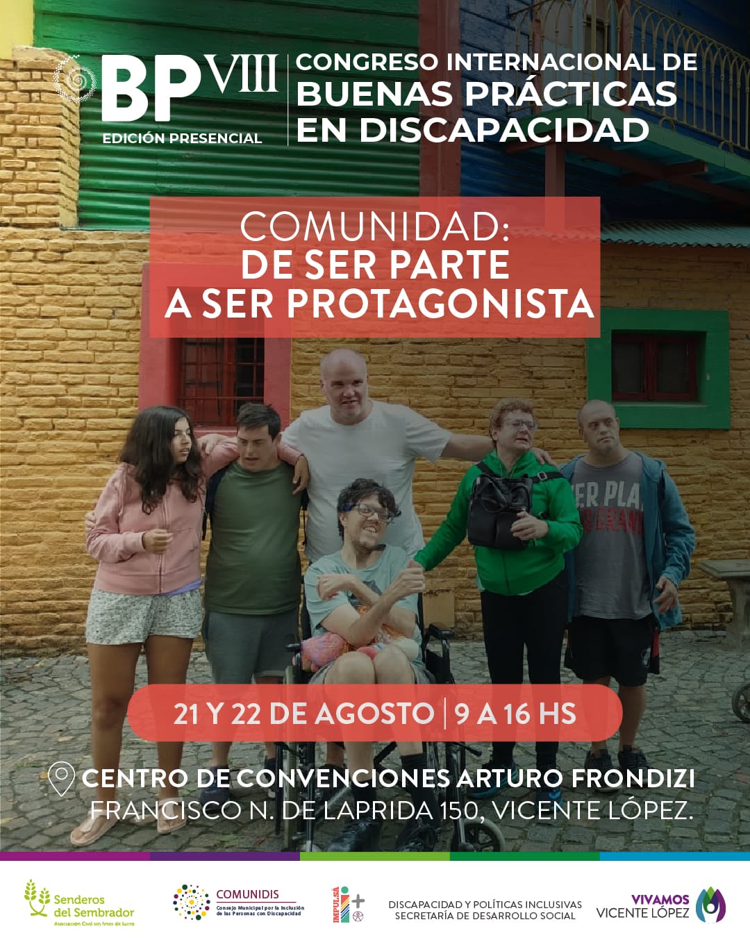 Flyer del congreso de Buenas Prácticas en discapacidad. Foto de fondo, al frente, el lema del congreso, la fecha y el lugar.
