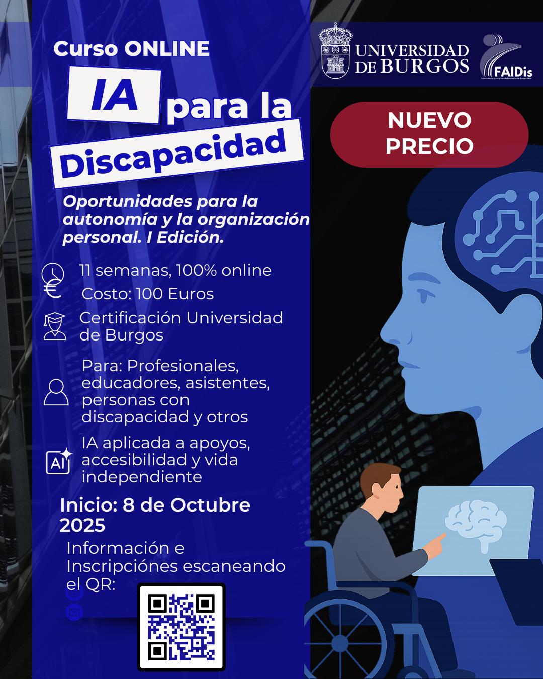 Flyer del curso. Fondo azul con diseño moderno. A la izquierda se lee: el título y la información principal del curso como modalidad, certificación y destinatarios. A la derecha, ilustración de un perfil humano azul con un cerebro digital y una persona en silla de ruedas usando una computadora.