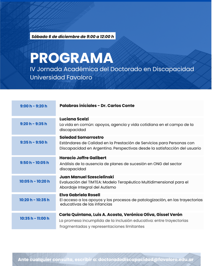 Programa de título, debajo, una grilla con los horarios y títulos, autor  de cada ponencia