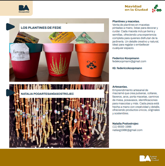 se muestras a la izquierda, dos imagenes de productos. Arriba unas macetas de colores pintadas a mano con el cartesl: los plantines de Fede. Debajo, una imagen de pulseras realizadas en macramé y el cartes Natalia Podartesaniasostrojec. A la derecha de la foto, se detalla el tipo de emprendimiento y el contacto: nombre, tel  y perfil de IG