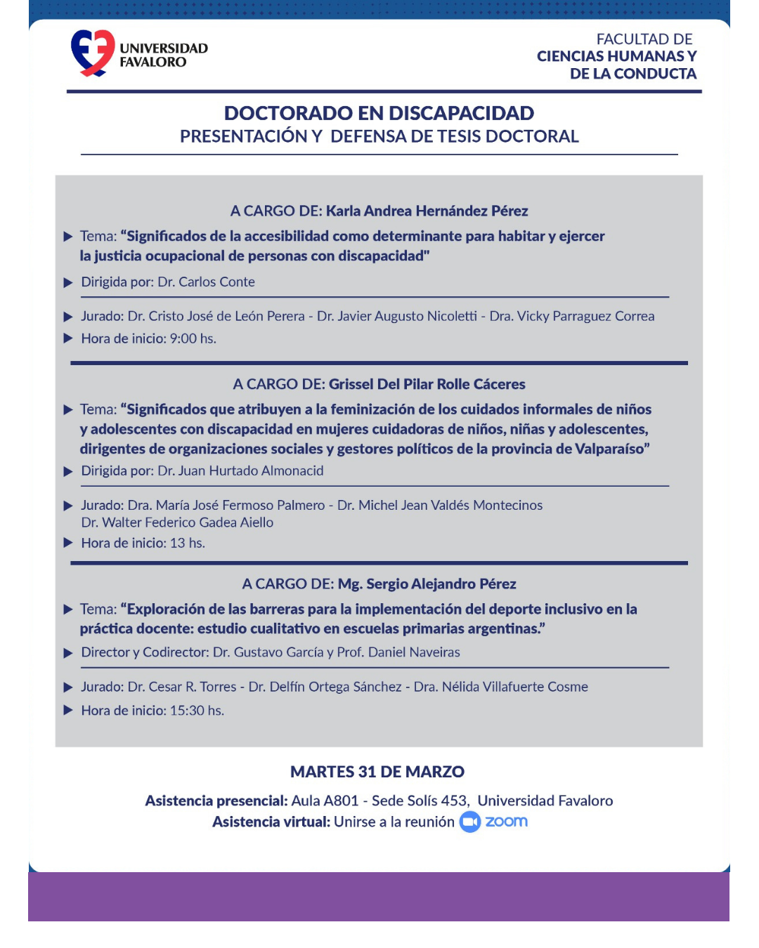 Flyer informativo de las defensas de tesis. Sobre fondo blanco y el logo de la U Favaloro, se describe el nombre del alumnos, el director de tesis, el tema y el horario de la defensa. Comienza a las 9:00 hs la primera defensa.