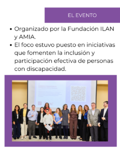 Una diapositiva informativa titulada "LOS PREMIADOS", que presenta una lista con tres nombres: Ana Rucci por el proyecto "Turability", Dafna Yankillevich por el proyecto "LevTech+", y una mención especial para Melany Wersocky por el proyecto "Alumnos ciudadanos". Junto a la lista hay una fotografía de un hombre y una mujer de pie detrás de un podio con el logo de la AMIA, mientras un micrófono capta sus palabras. Un breve texto debajo de la imagen identifica a los oradores como parte del jurado: Sofía Torroba, subsecretaria de Discapacidad GCBA, y Carlos Conte, director del doctorado en Discapacidad de la Fundación Qualis.