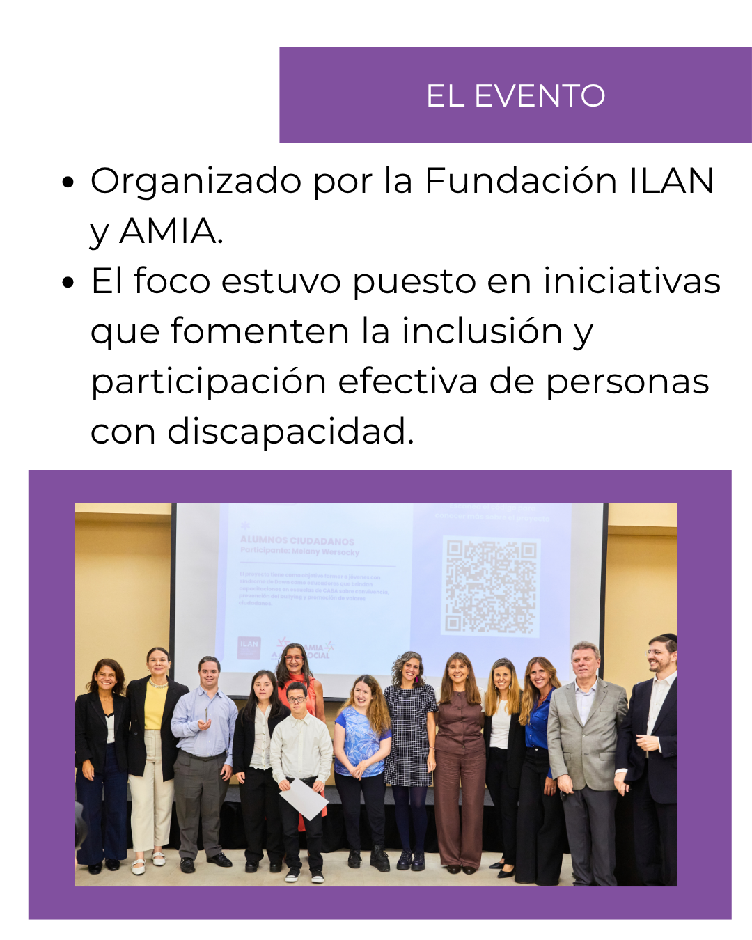 Una diapositiva informativa titulada "LOS PREMIADOS", que presenta una lista con tres nombres: Ana Rucci por el proyecto "Turability", Dafna Yankillevich por el proyecto "LevTech+", y una mención especial para Melany Wersocky por el proyecto "Alumnos ciudadanos". Junto a la lista hay una fotografía de un hombre y una mujer de pie detrás de un podio con el logo de la AMIA, mientras un micrófono capta sus palabras. Un breve texto debajo de la imagen identifica a los oradores como parte del jurado: Sofía Torroba, subsecretaria de Discapacidad GCBA, y Carlos Conte, director del doctorado en Discapacidad de la Fundación Qualis.