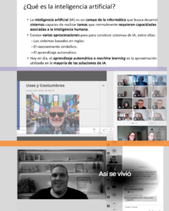 Captura de pantalla de una reunión virtual con varias personas participando en una jornada sobre inteligencia artificial inclusiva. Se observan expositoras y expositores en videollamada, junto a comentarios en el chat destacando el interés por las aplicaciones presentadas. En la parte inferior aparece un participante sonriendo frente a cámara. El diseño incluye franjas de colores superpuestas y una flecha amarilla decorativa.