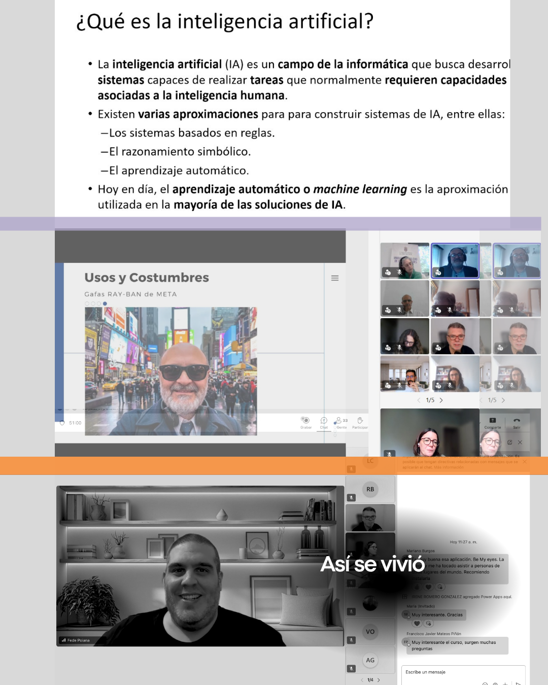 Captura de pantalla de una reunión virtual con varias personas participando en una jornada sobre inteligencia artificial inclusiva. Se observan expositoras y expositores en videollamada, junto a comentarios en el chat destacando el interés por las aplicaciones presentadas. En la parte inferior aparece un participante sonriendo frente a cámara. El diseño incluye franjas de colores superpuestas y una flecha amarilla decorativa.