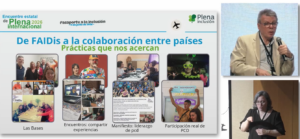 Captura de pantalla de la presentación de Carlos en la Jornada. SE ve una presentación con varias fotos y a Carlos y la interprete en LSI a la derecha