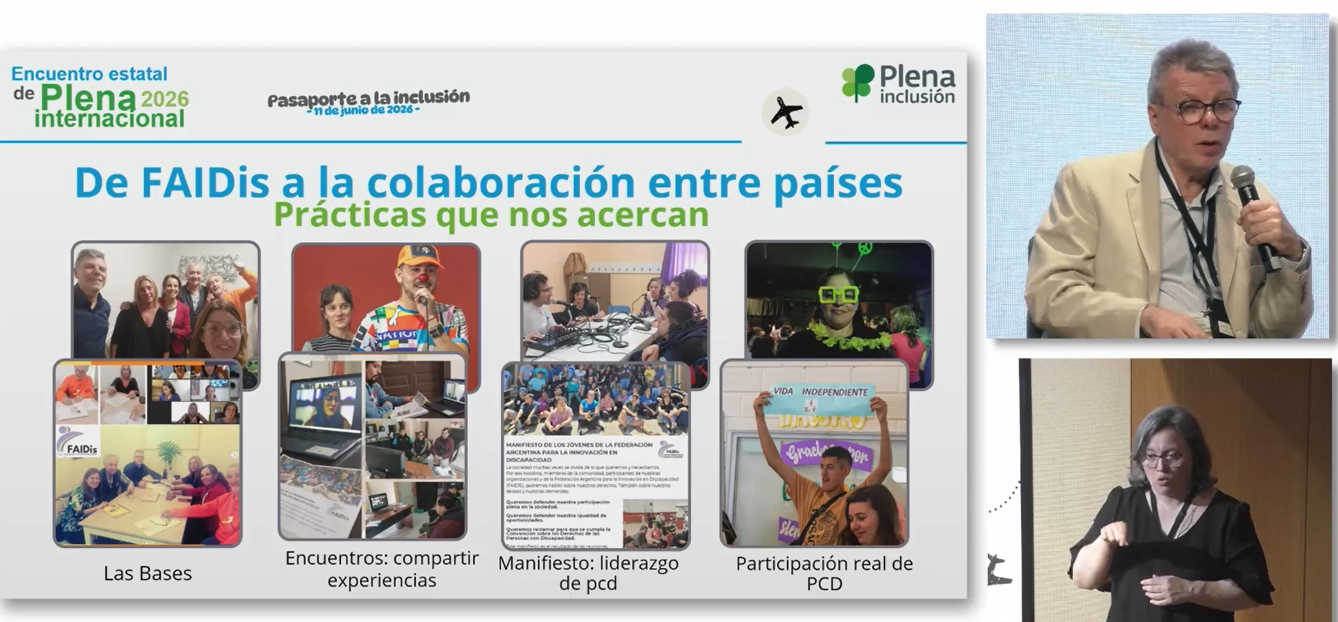 Captura de pantalla de la presentación de Carlos en la Jornada. SE ve una presentación con varias fotos y a Carlos y la interprete en LSI a la derecha